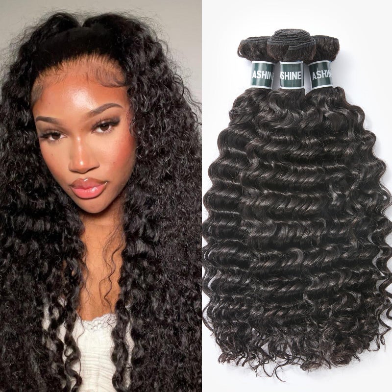 ASHINE Human Hair Bundles Deep Wave Unprocessed Cambodian Raw Hair 14 16 18 Inch Flip Over Quick Weave Wet and Wave Bundles for Women Natural Black